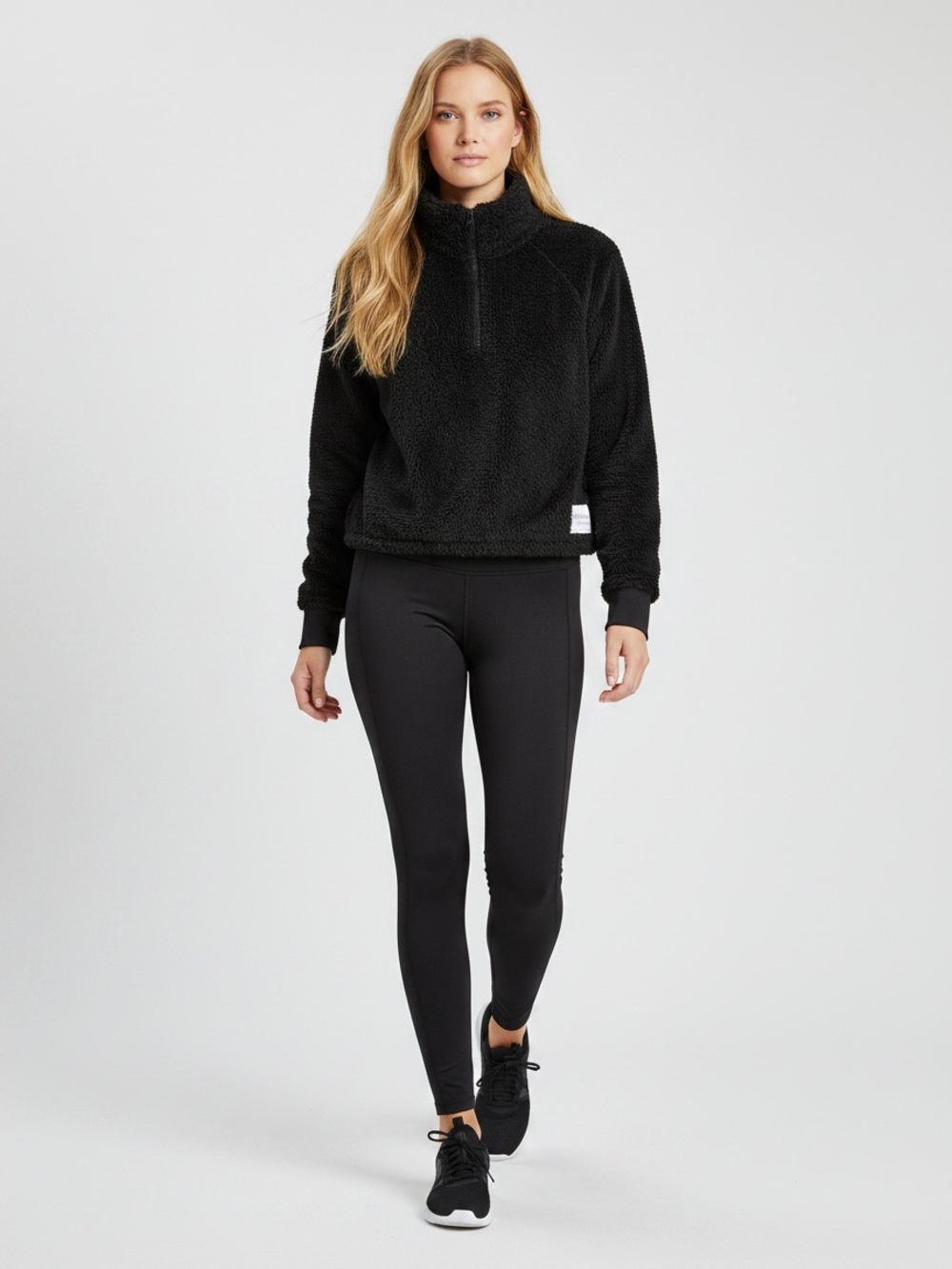 Calvin Klein Plush Sweater Cropped  Fuzzy 1/4 Zip Pullover Black Size XL